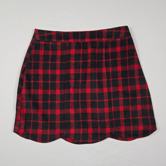 NWT Impressions Plaid‎ Mini Skirt Red Black Scalloped Hem Wool Blend S - Picture 3 of 9